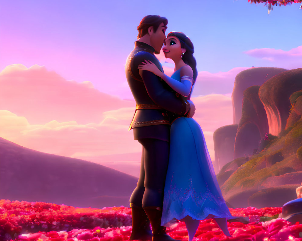 Animated characters in royal attire embrace in a romantic scene amid a vibrant red rose landscape.