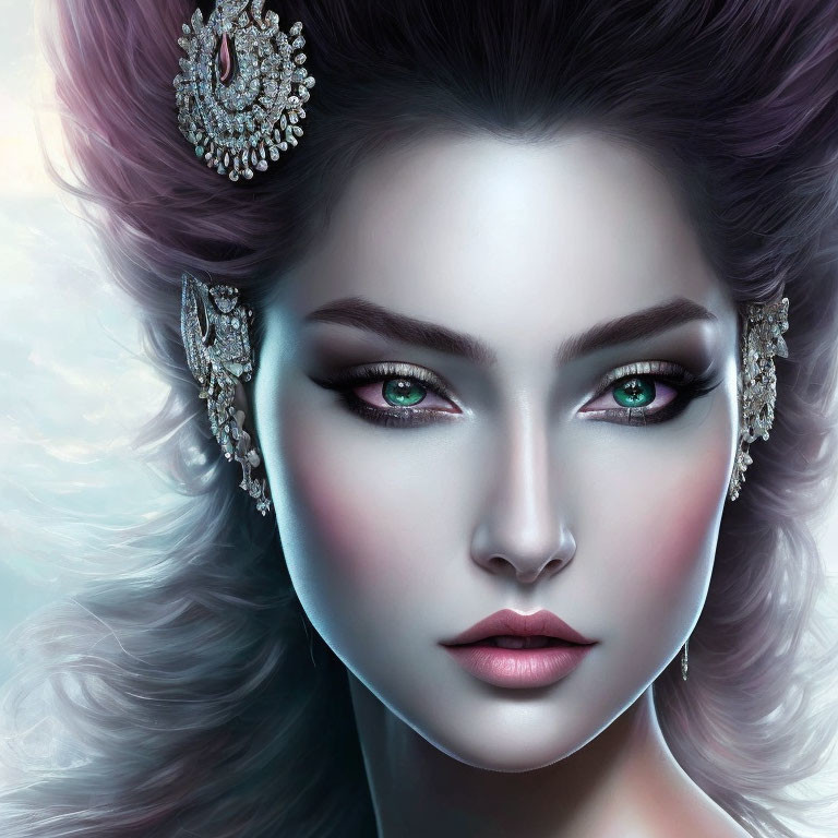 Fantastical digital artwork featuring woman with glowing green eyes