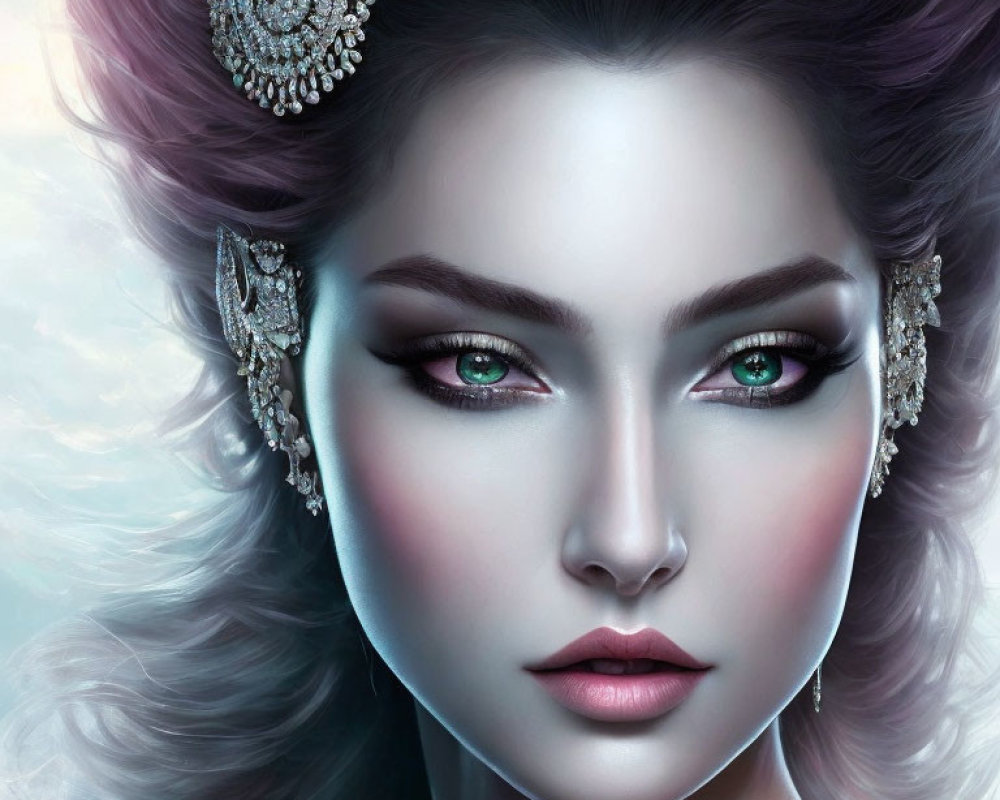 Fantastical digital artwork featuring woman with glowing green eyes