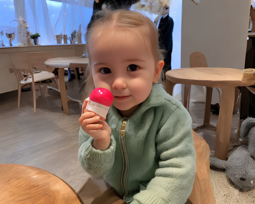 Child with ponytail holds red lollipop in bright room