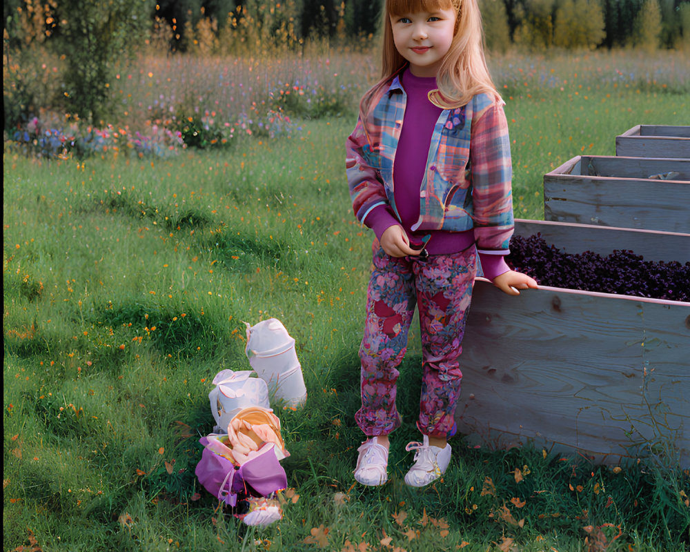 Young girl in plaid jacket and floral pants in field with flowers