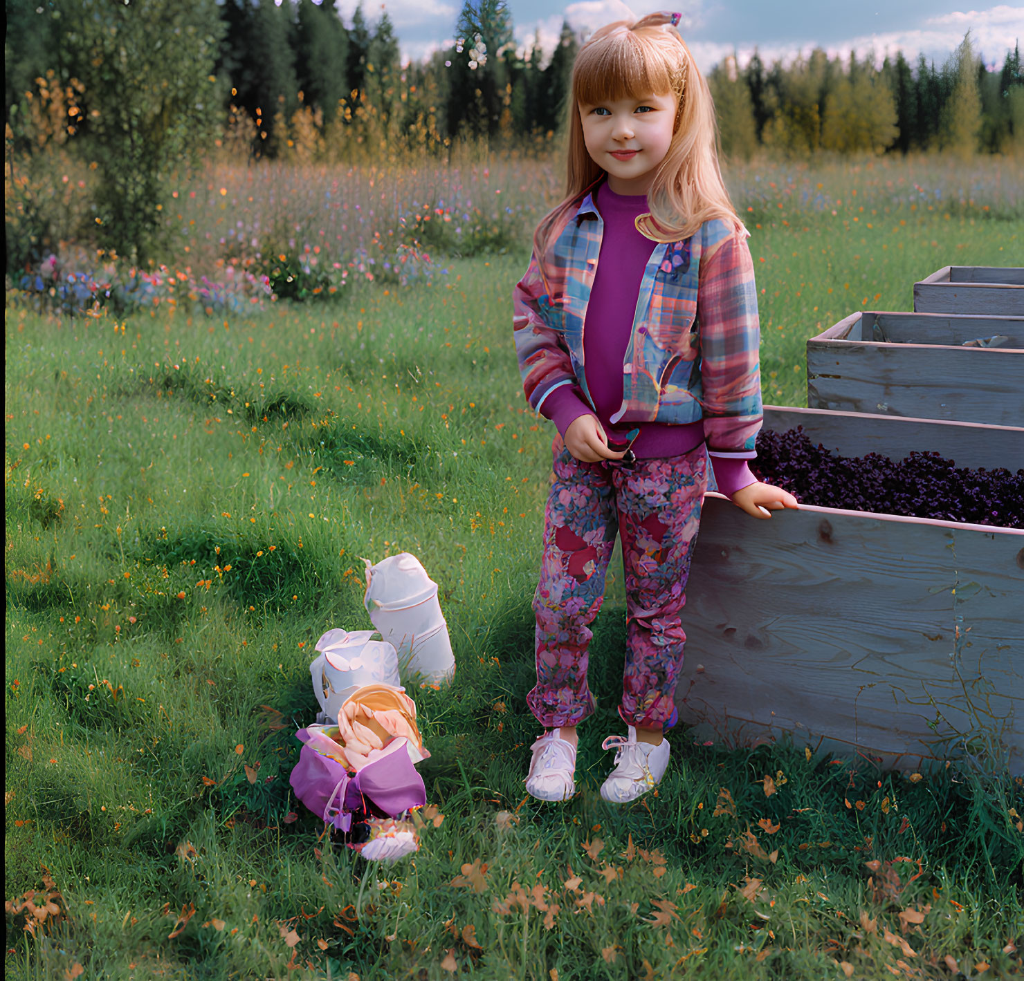 Young girl in plaid jacket and floral pants in field with flowers