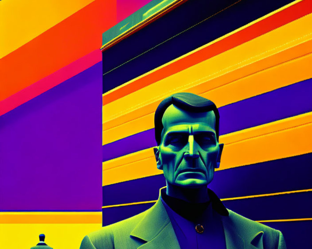 Stern-faced man in suit with abstract colorful background