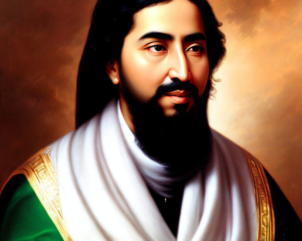 Portrait of a bearded man in green garment with white shawl on brown background