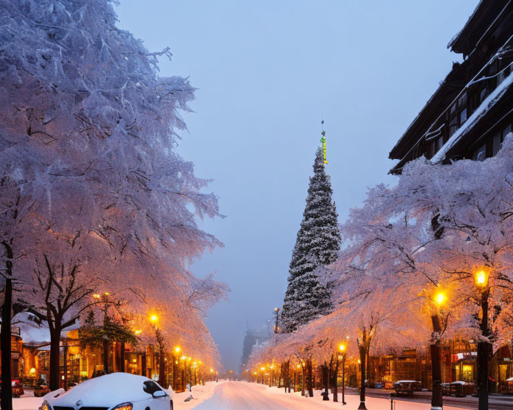 Snowy street at dusk with frost-covered trees, street lamps, Christmas tree, and parked car.