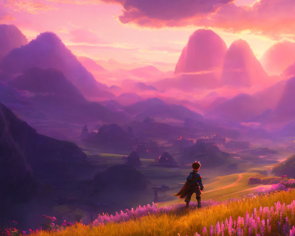 Solitary figure in vibrant purple flower field at sunset