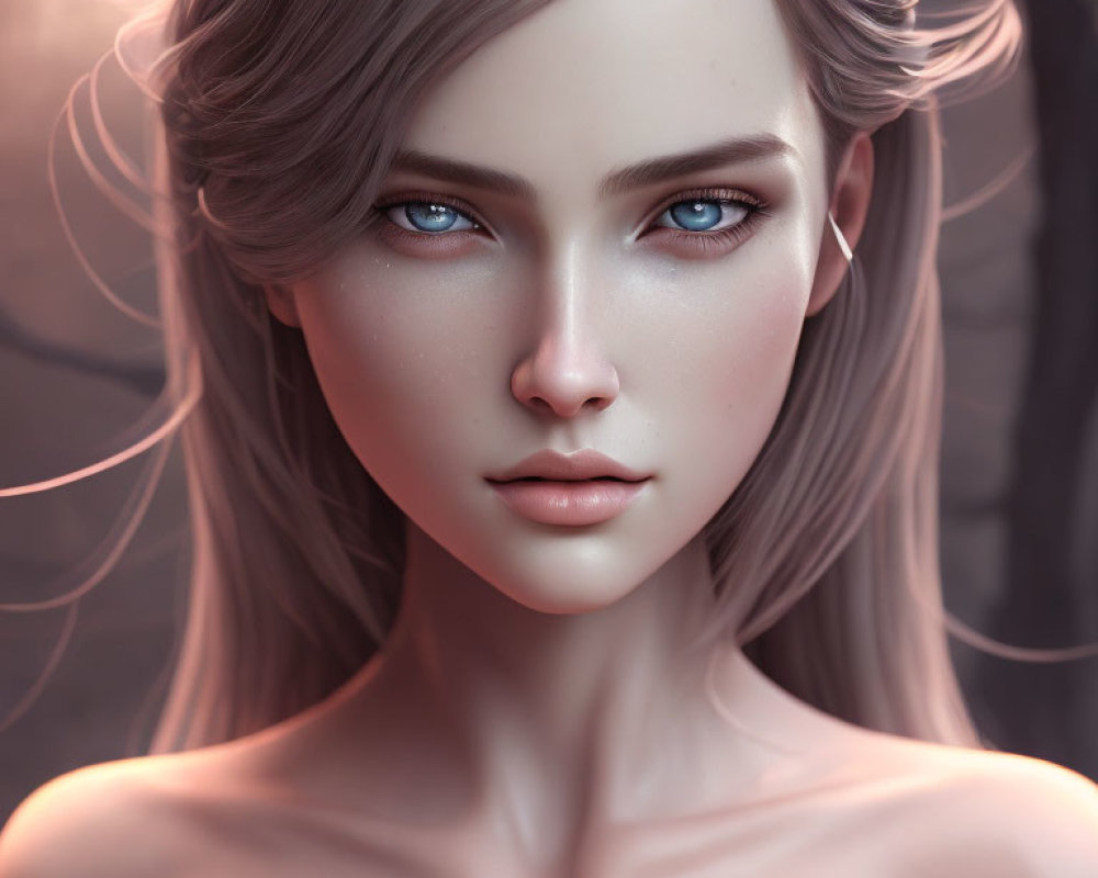 Detailed 3D-animated female character with blue eyes and flowing hair