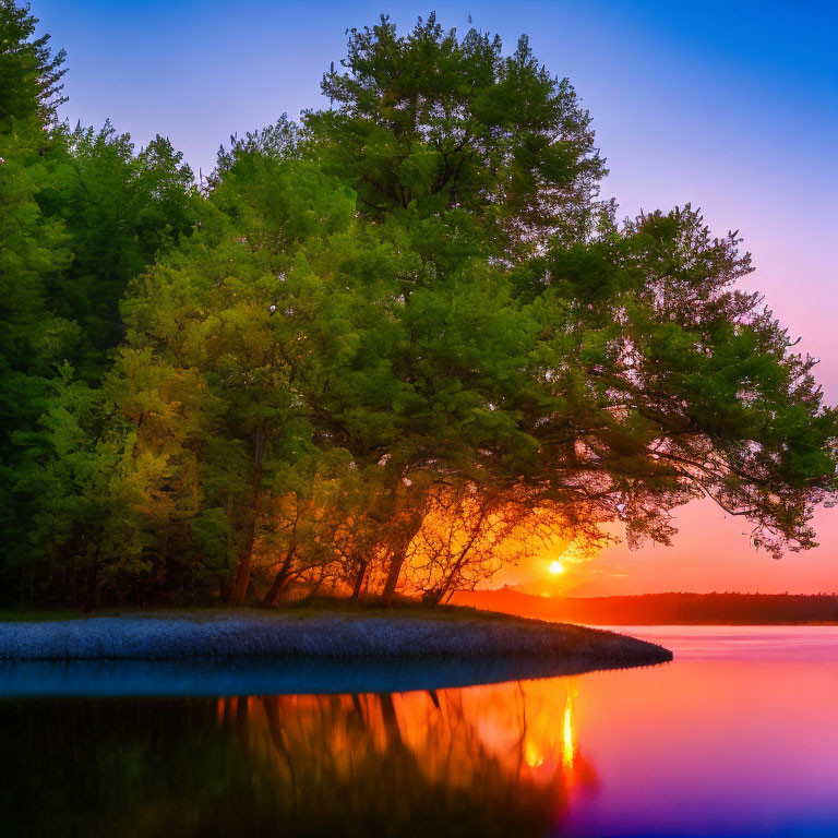 Tranquil sunset over calm lake with verdant tree reflections