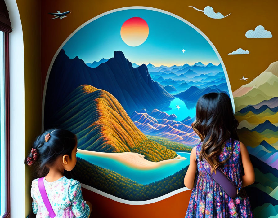 Vibrant wall mural of sun setting over mountainous landscape