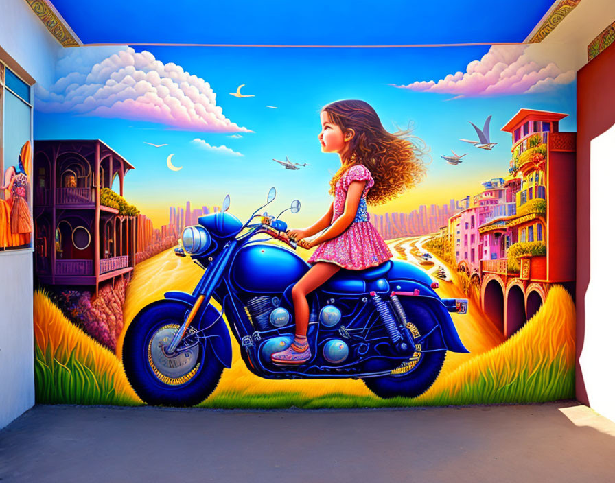 Colorful painting of young girl on motorcycle in whimsical landscape