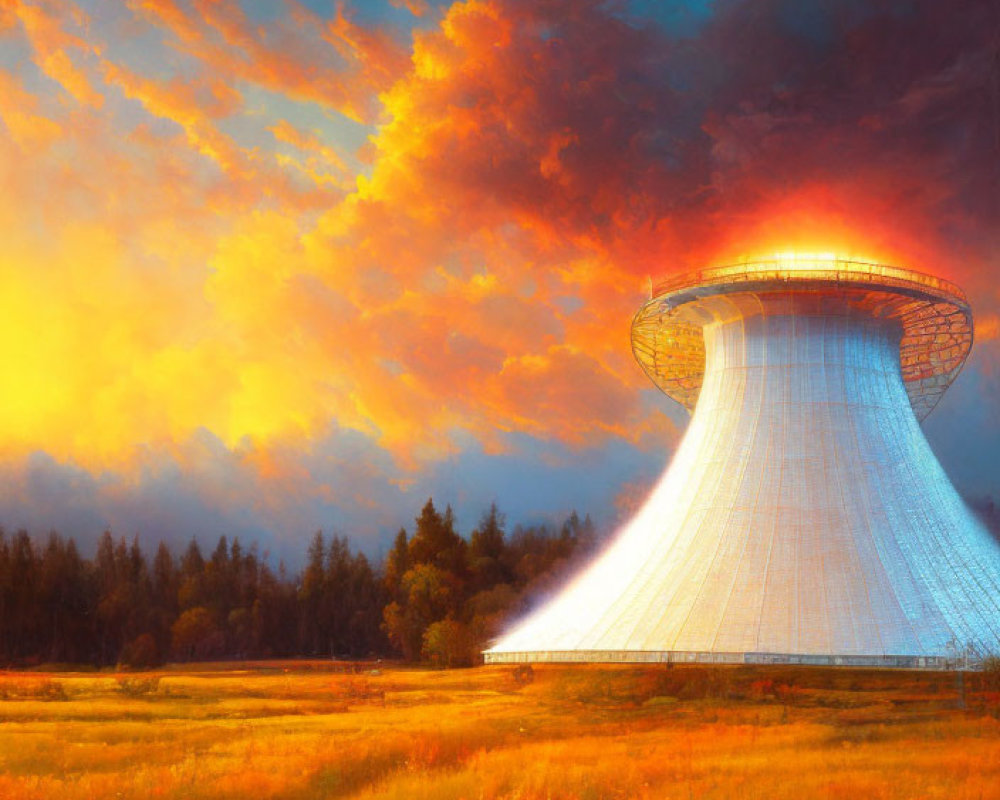 Cooling tower emitting steam under orange sunset sky in pastoral landscape.