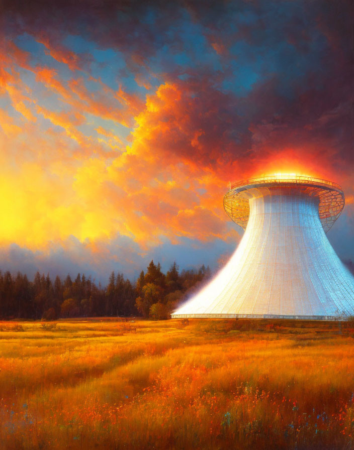 Cooling tower emitting steam under orange sunset sky in pastoral landscape.