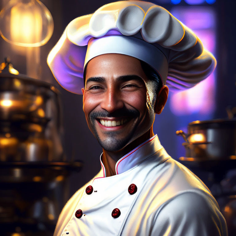 Smiling chef in white attire with toque in blurred kitchen background