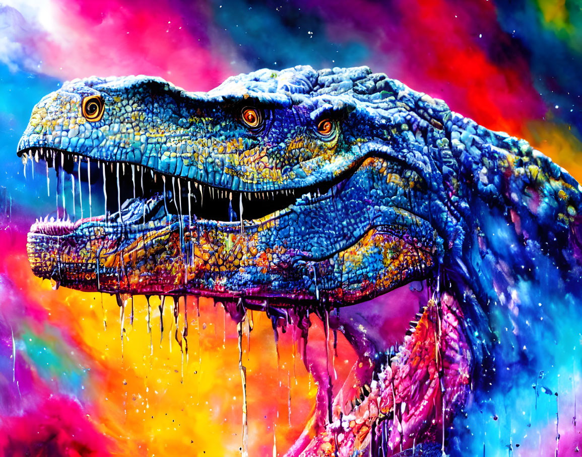 Colorful Dinosaur Artwork with Paint-Like Texture on Rainbow Background