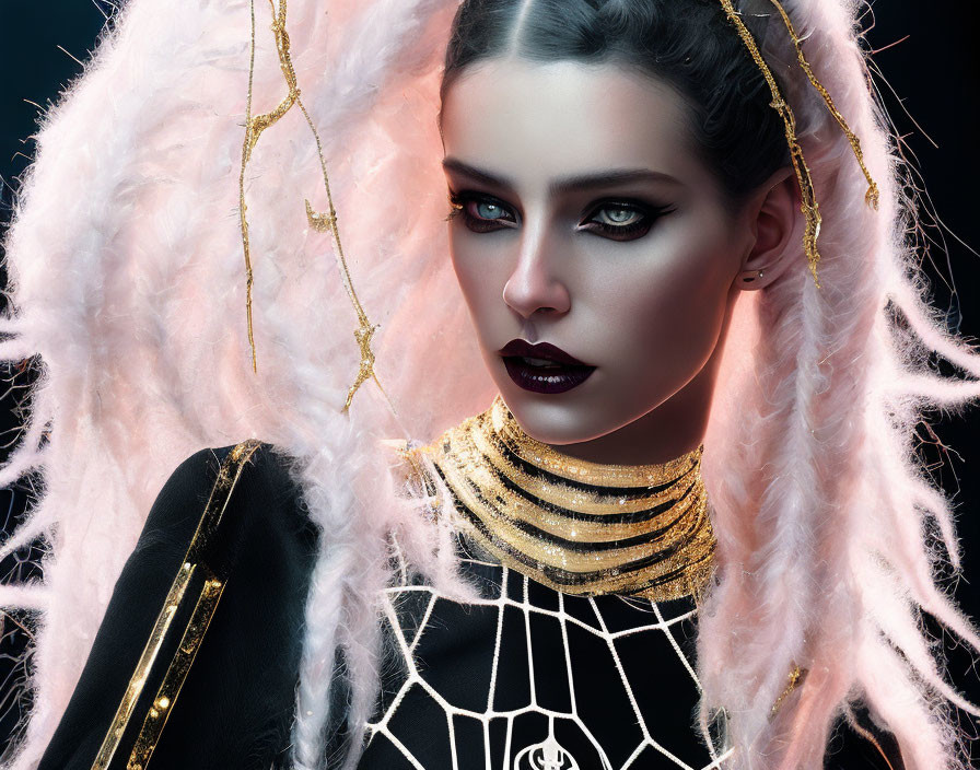 Woman with Dark Makeup, Gold Choker, Pink Feathers, and Spiderweb Clothing