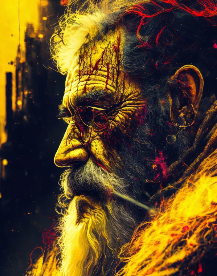 Elderly man with white beard and red glasses in contemplation