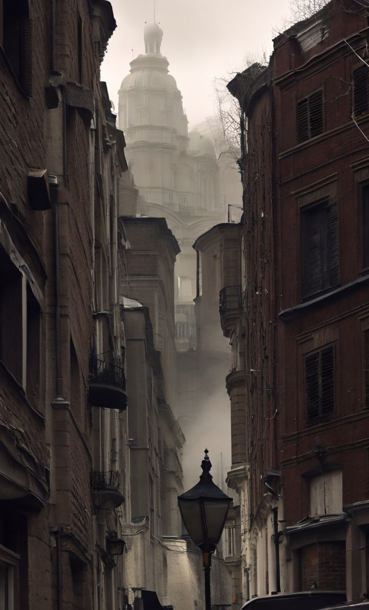 Old Buildings and Fog-Shrouded Domed Building on Narrow Street