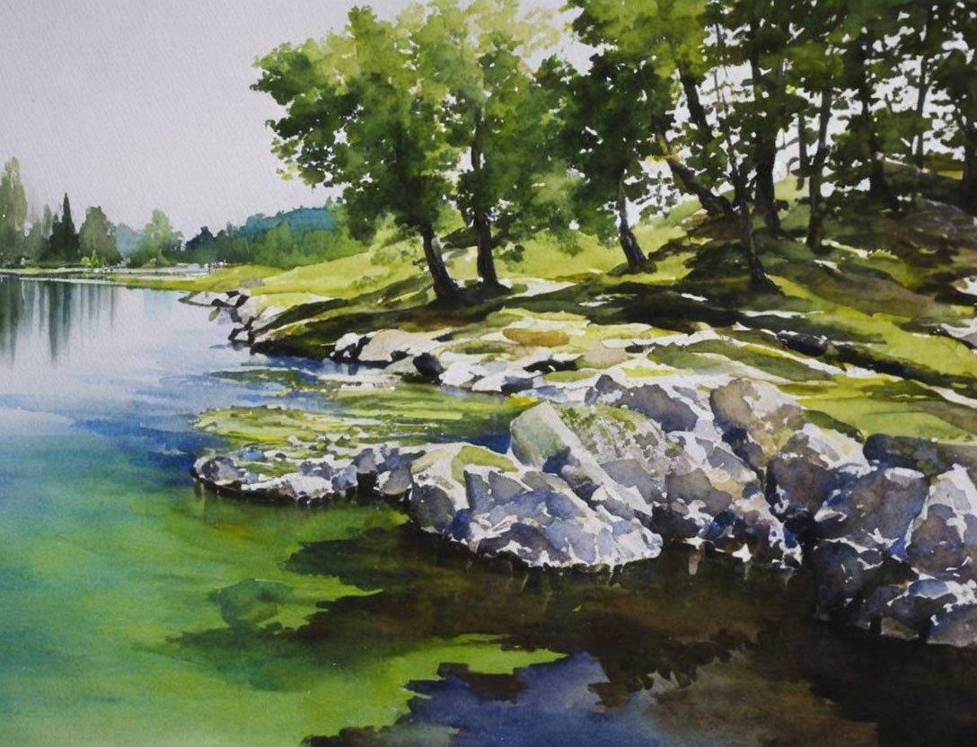 Tranquil lakeside watercolor painting with green trees and rocky banks.