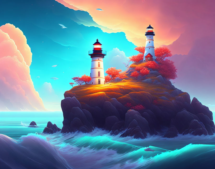 Dual lighthouses on rocky island with vibrant trees under surreal sunset sky