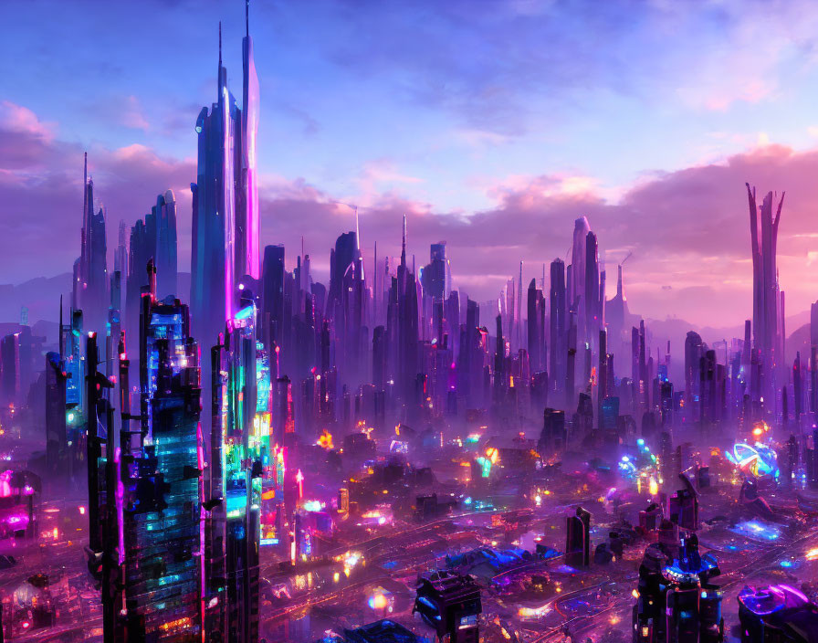 Neon-lit skyscrapers in futuristic cityscape at dusk