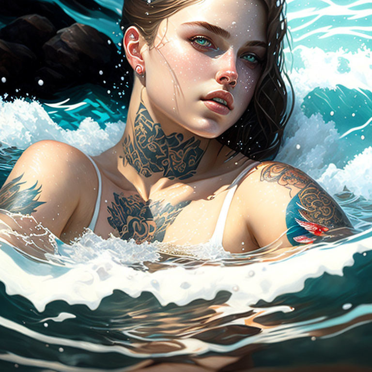 Digital Artwork: Woman with Tattoos Submerged in Blue Water