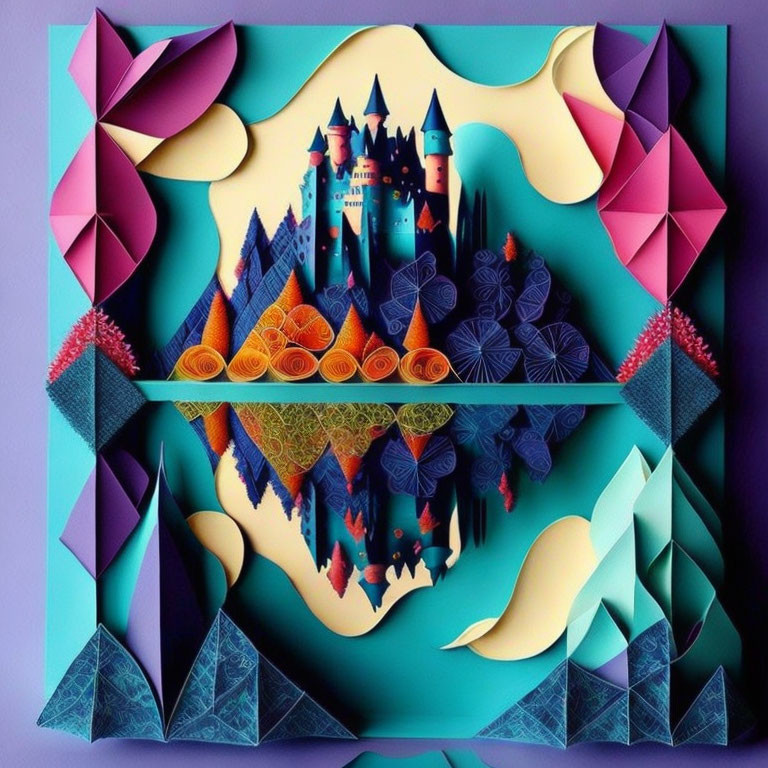 Colorful 3D fantasy castle paper art on multilayered teal background