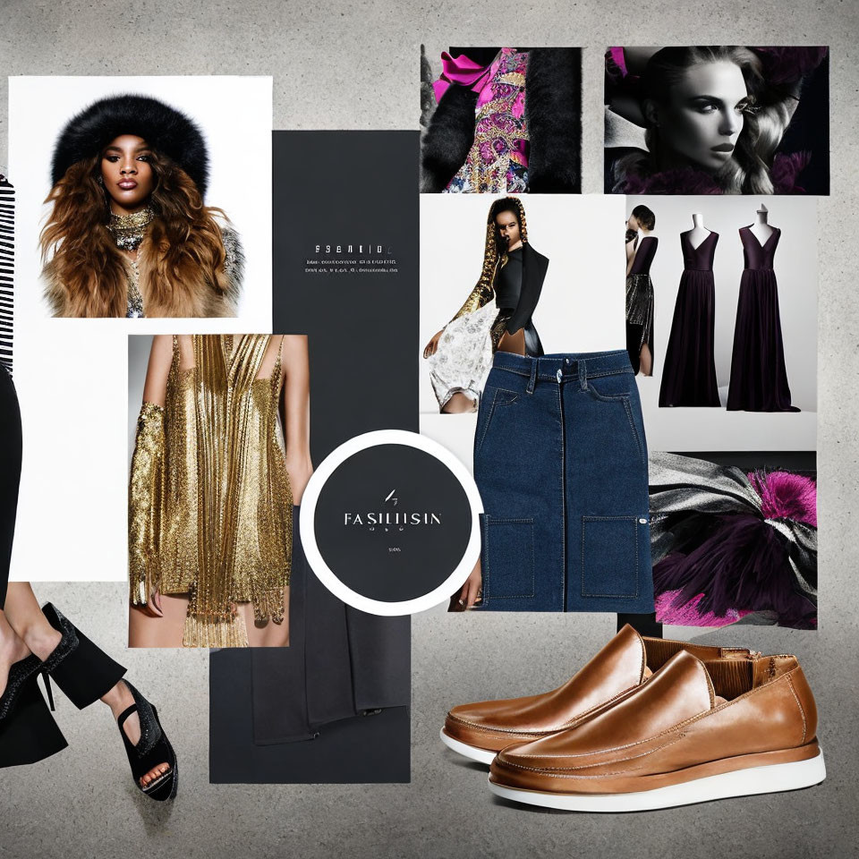 Fashion collage showcasing dresses, shoes, denim & luxurious textures