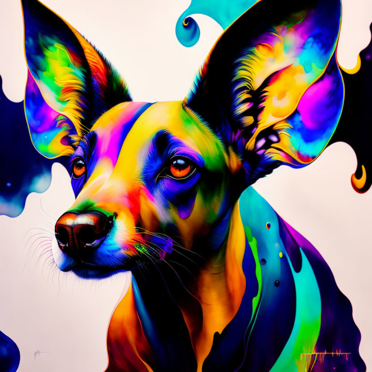 Colorful portrait of a dog with large ears and abstract patterns.