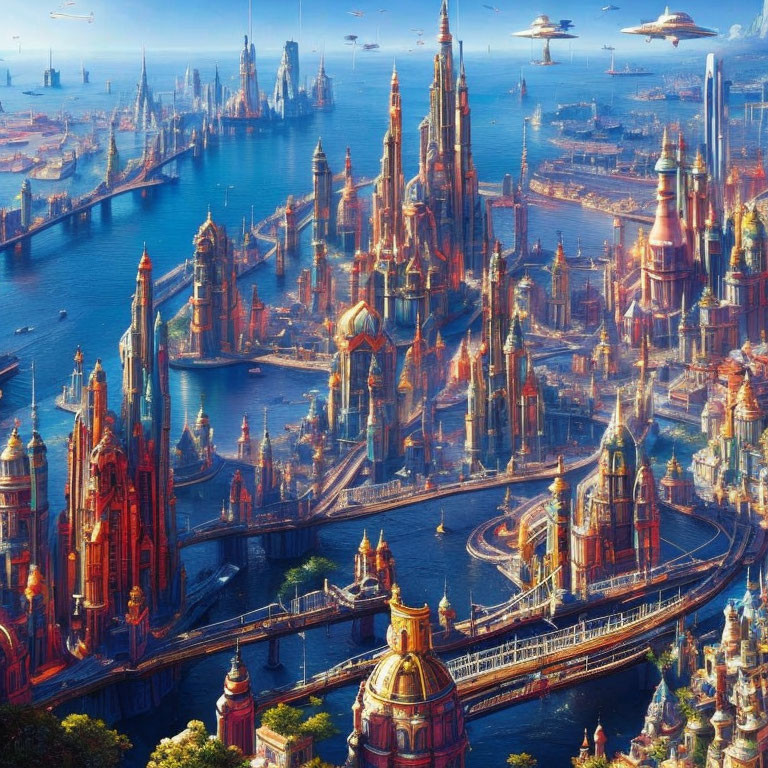 Futuristic cityscape with intricate architecture and waterways