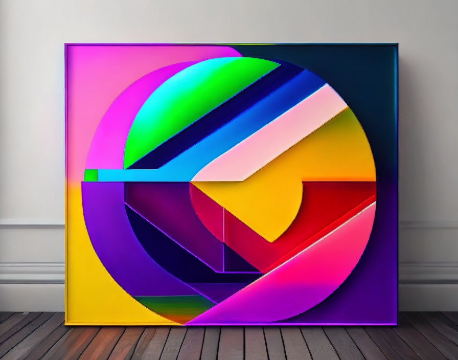 Colorful geometric abstract art in modern frame on neutral wall