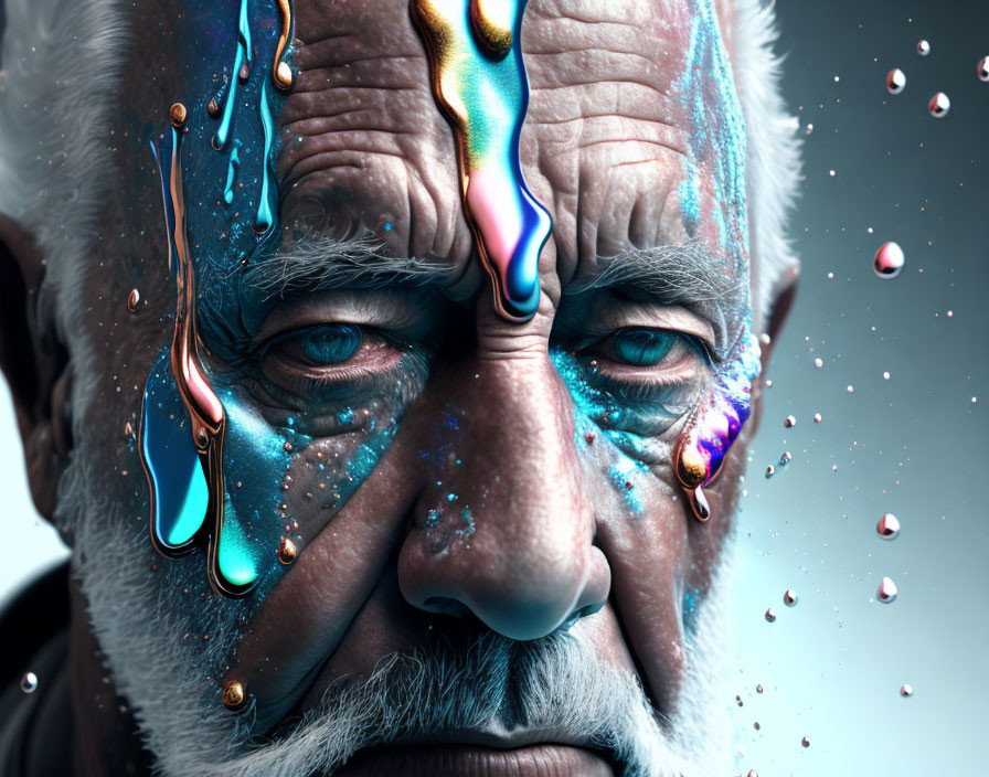 Elderly man's face with colorful liquid dribbling on skin