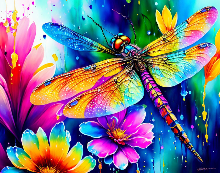 Colorful dragonfly digital artwork with translucent wings on flowers in blue backdrop.