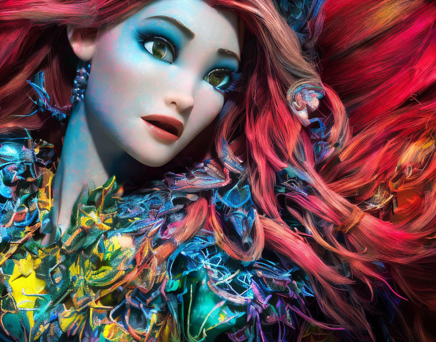 Colorful portrait of female character with blue skin, blue eyes, red hair, and butterfly wings