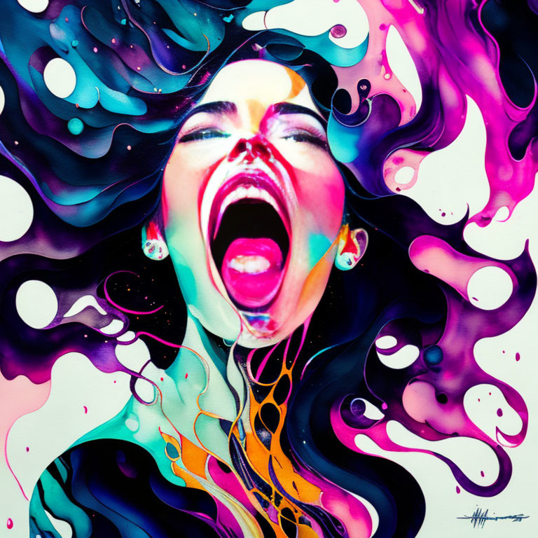 Abstract colorful painting of woman's face in mid-scream surrounded by vibrant swirls and splashes in