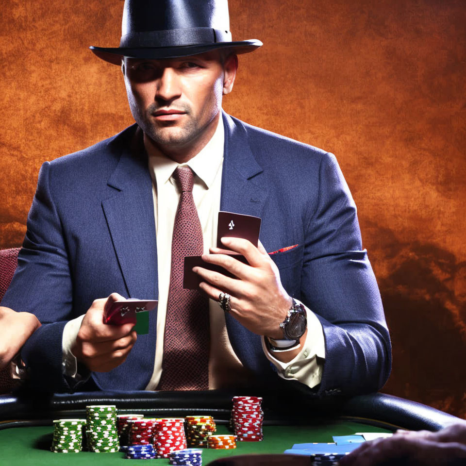 Man in Fedora Playing Poker with Colorful Chips on Textured Background