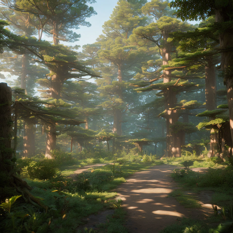 Misty forest with towering trees and sunlight filtering through