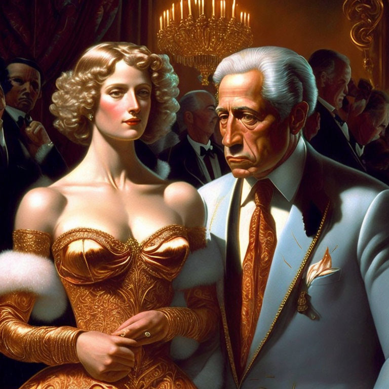 Elegant vintage-style painting of couple at formal event