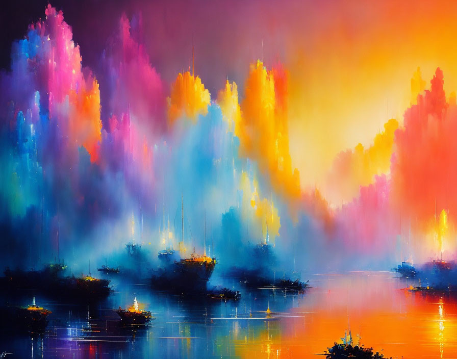 Colorful Seascape with Silhouetted Ships on Calm Waters