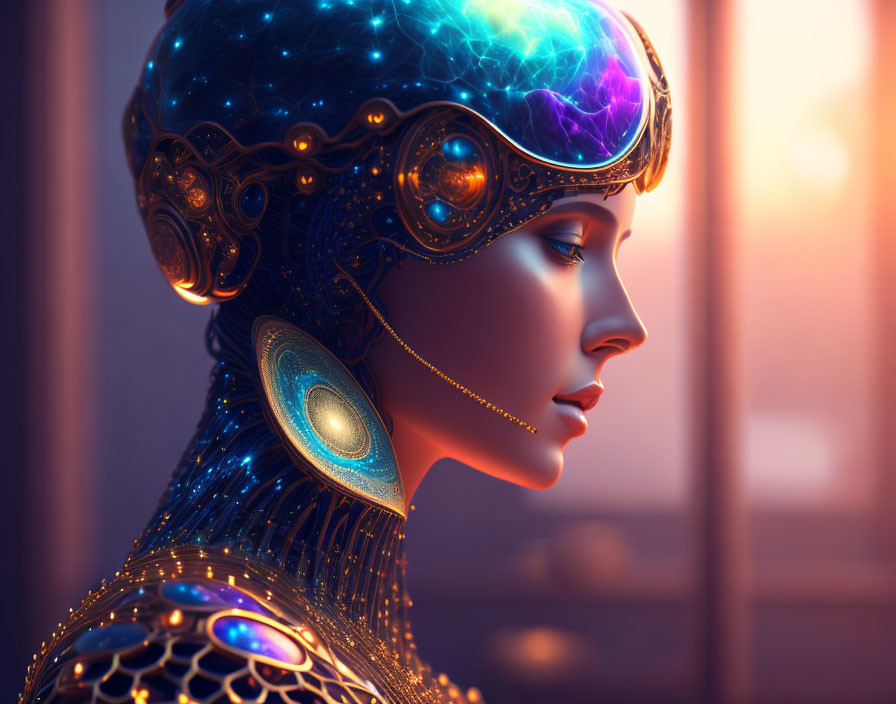 Woman with Elaborate Futuristic Neon Headdress and Gold Adornments