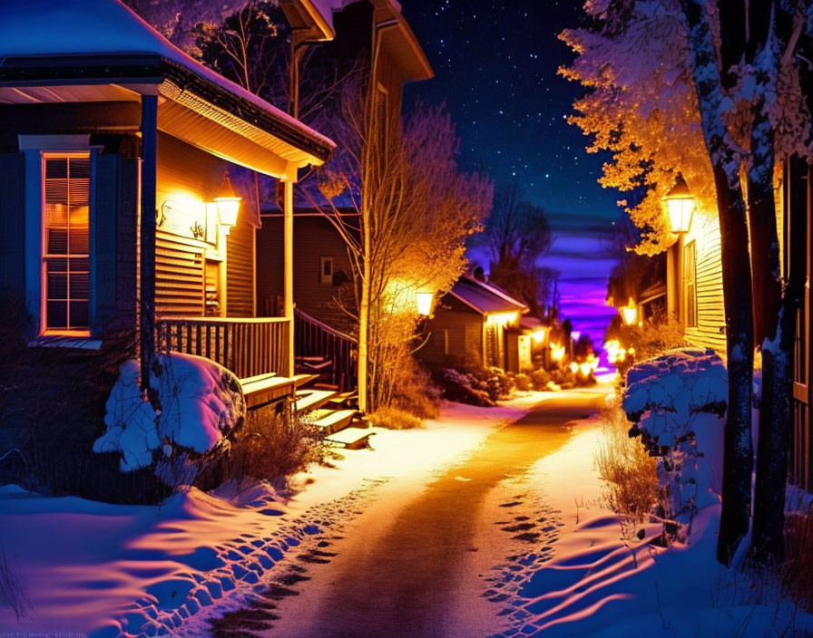 Snowy Night Street Scene: Warmly Lit Houses Under Starry Sky