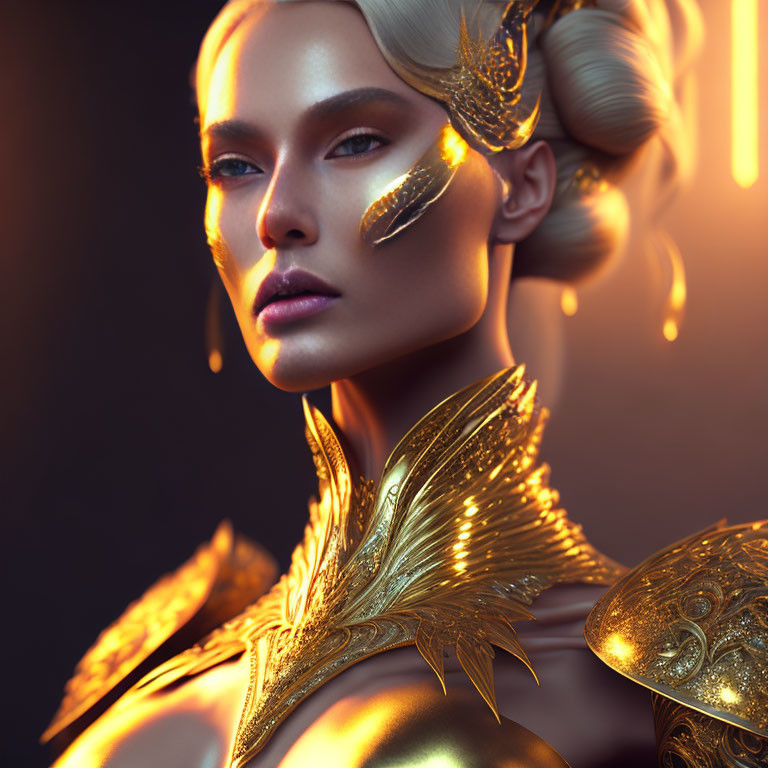 Golden makeup and ornate shoulder armor on a woman in warm light.