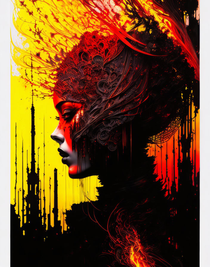 Abstract digital artwork: Woman's profile in fiery red and black on yellow background