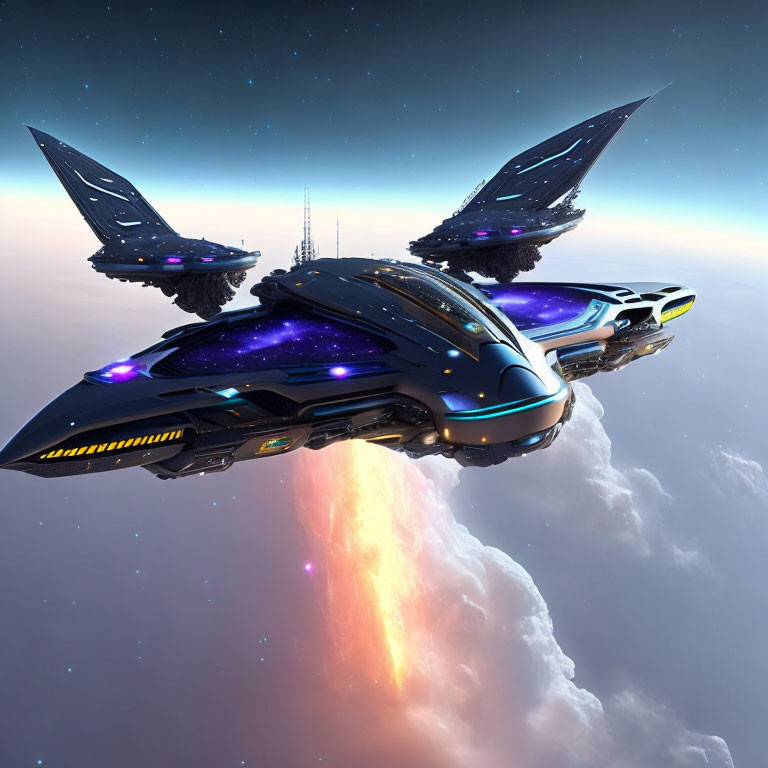 Futuristic black and blue spaceship hovering above Earth with orange engine glow