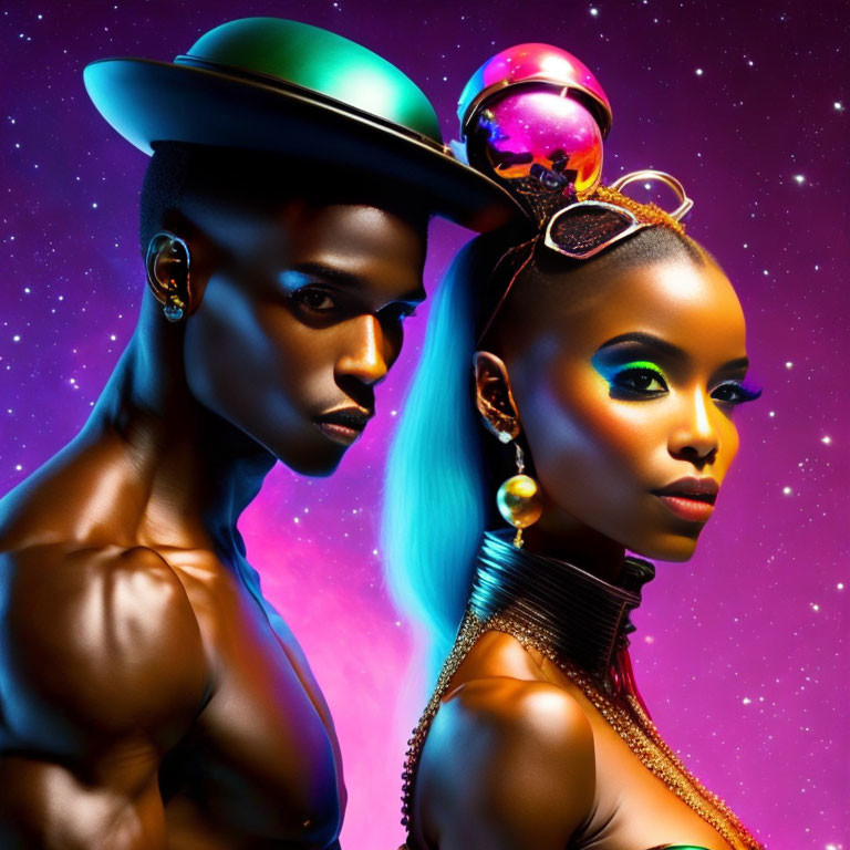 Two individuals with glowing skin in futuristic fashion against cosmic backdrop