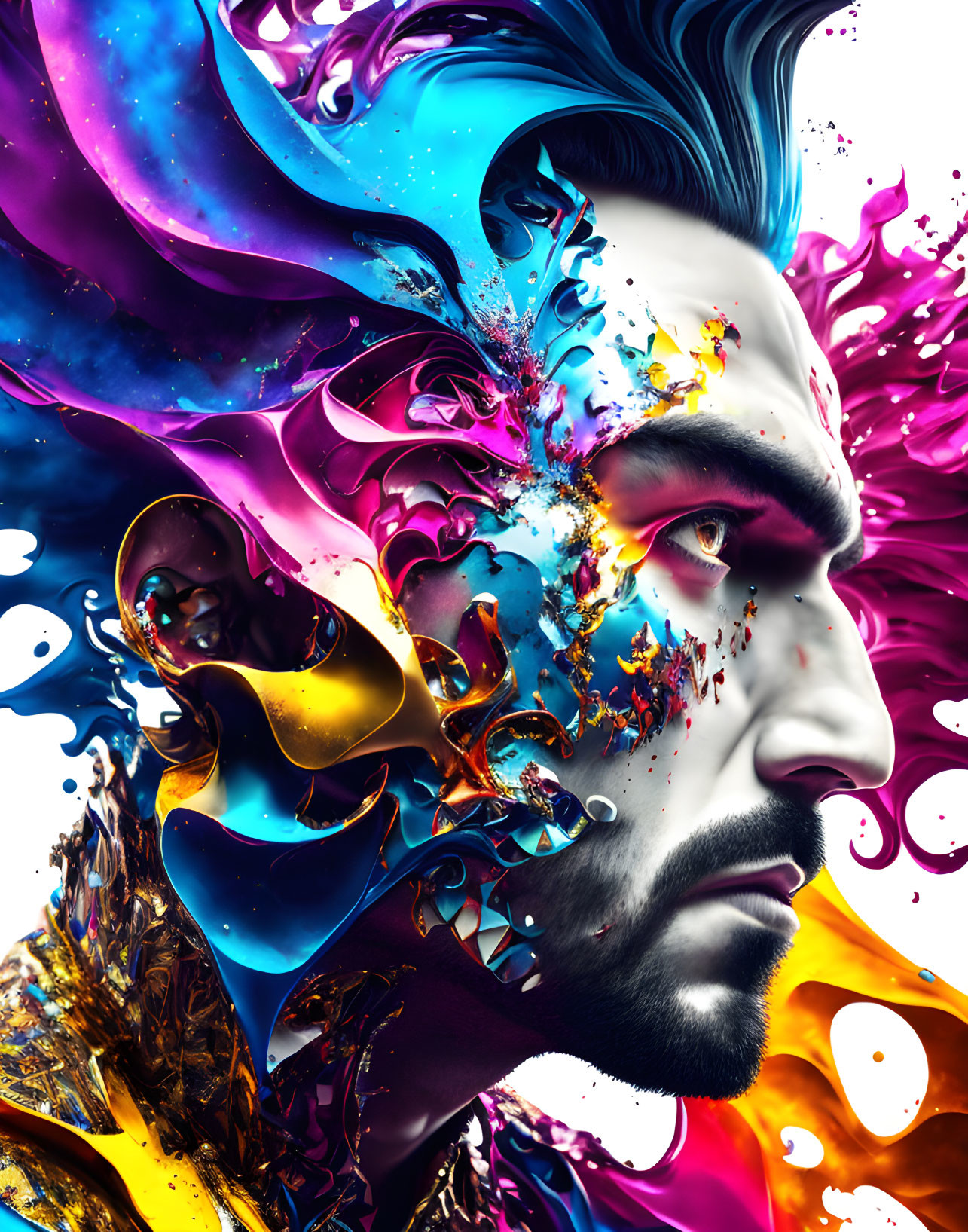 Colorful digital artwork: Man with beard and abstract liquid splashes