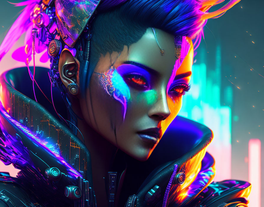 Cybernetic woman with neon blue hair in futuristic cityscape