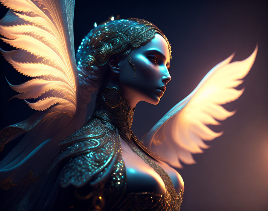 Fantasy creature with ethereal wings in metallic armor on dark background