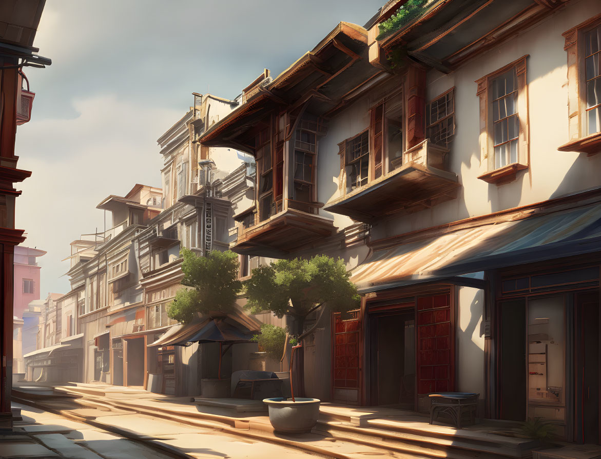 Traditional street scene with wooden balconies under clear sky