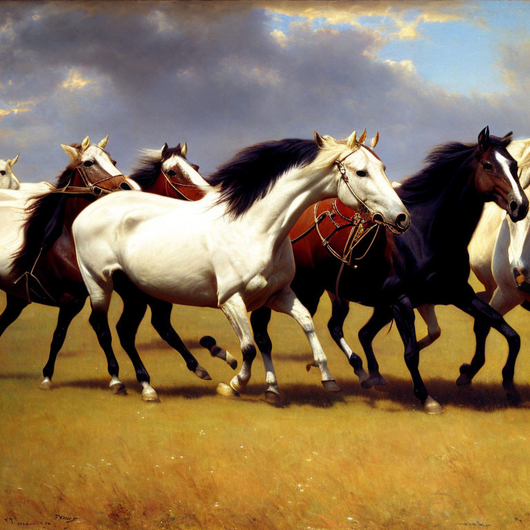 Vibrant painting of five galloping horses in a field