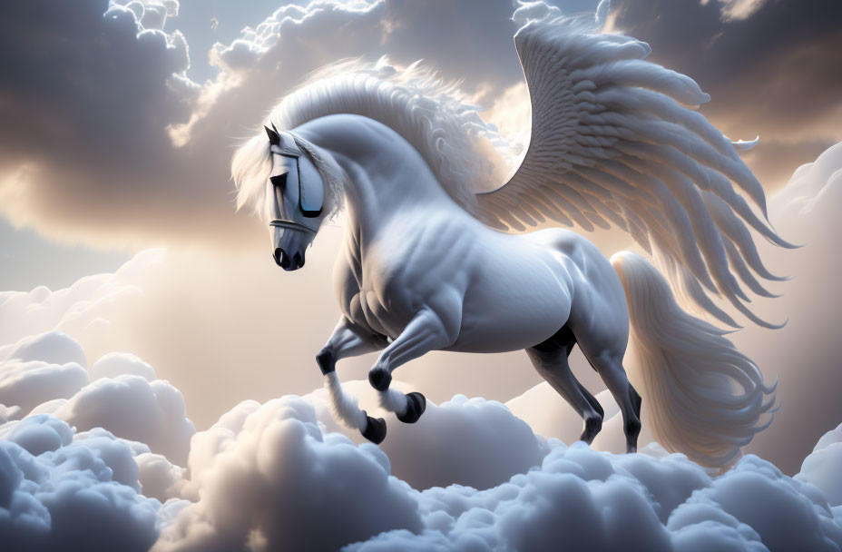 White Pegasus Flying Above Dramatic Clouds